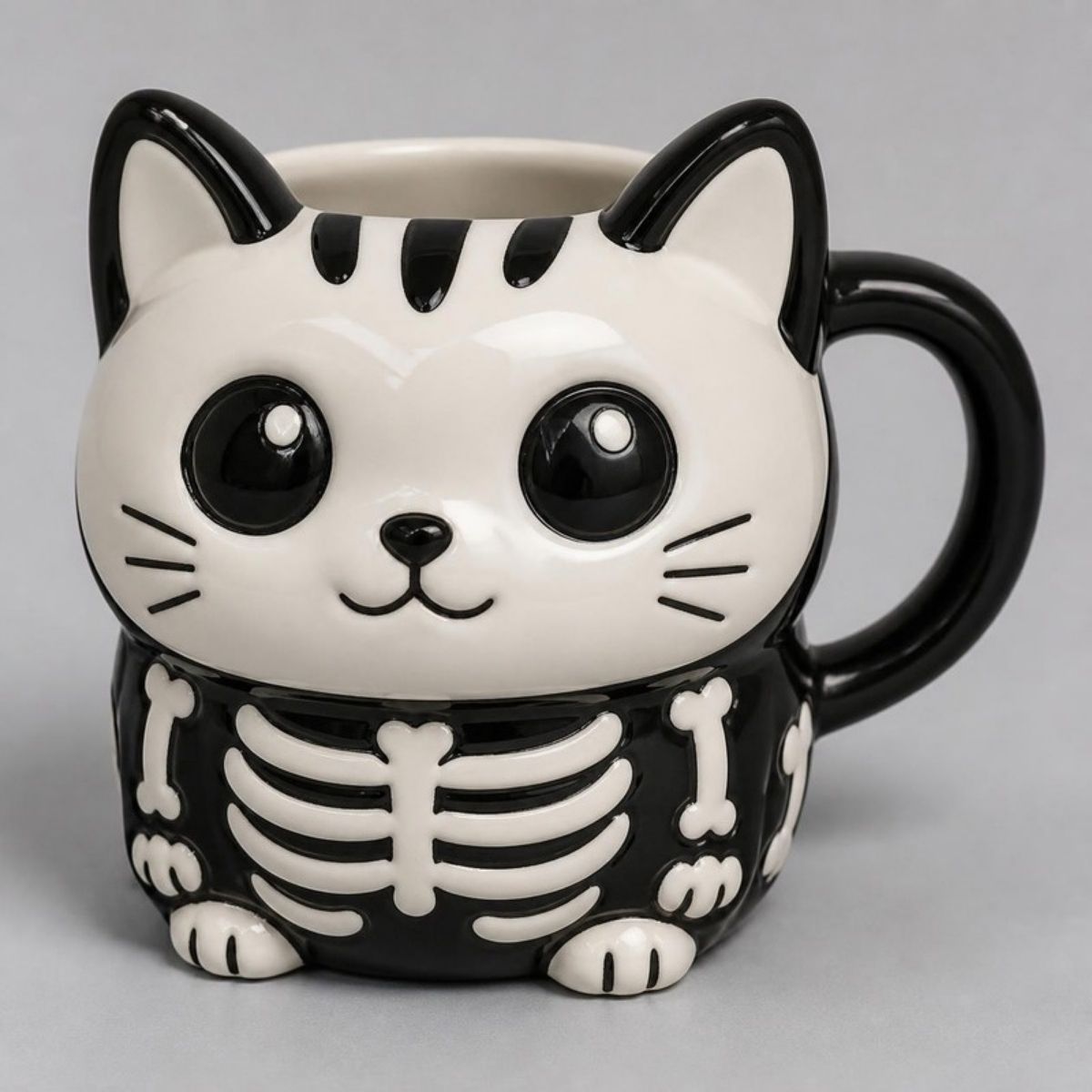 Ceramic cat-shaped mug with a skeleton body design