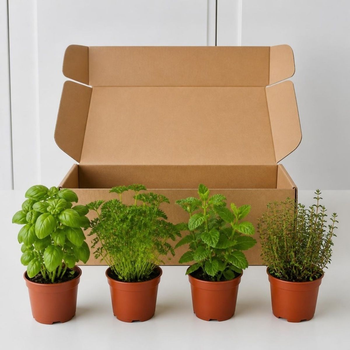 Four small pots of herbs with a kraft gift box