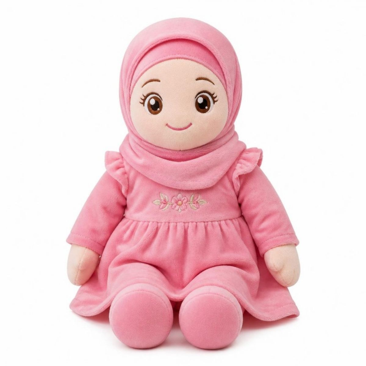 Soft plush doll in a pink dress and pink hijab
