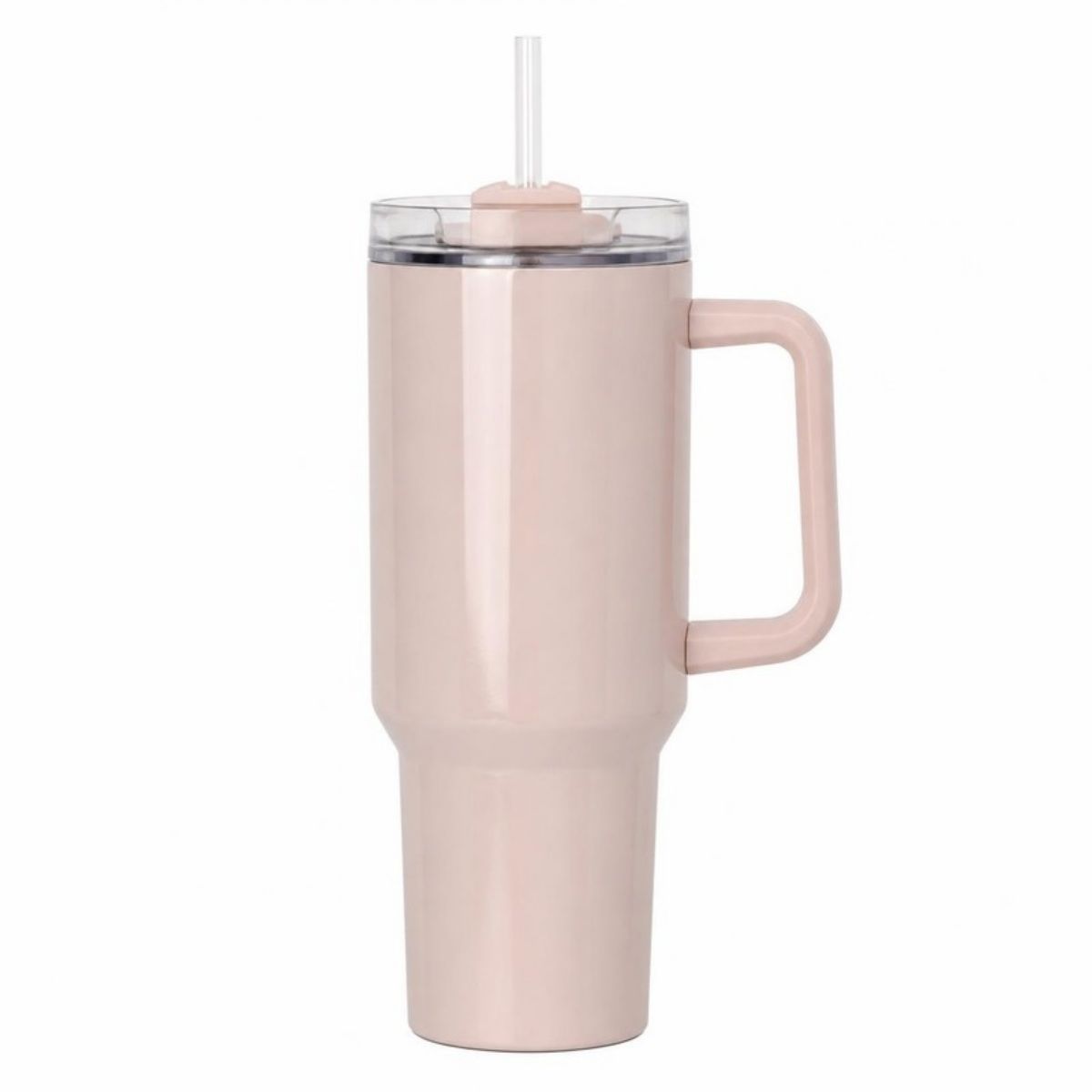 Light pink 40 oz tumbler with a handle and straw