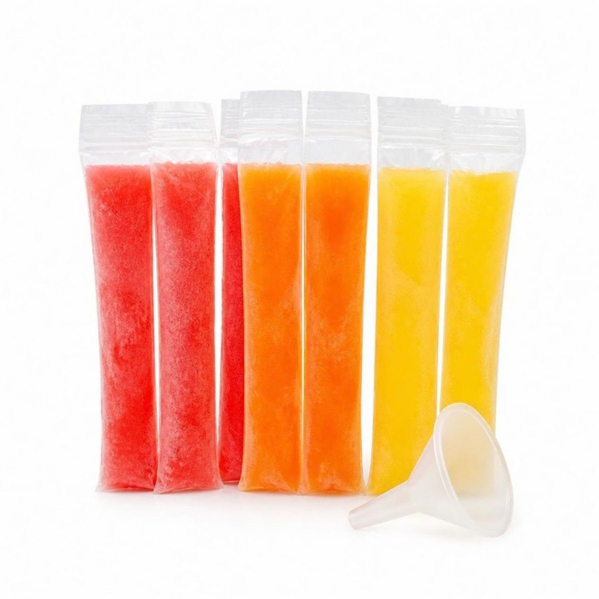 Clear ice pop bags filled with red, orange and yellow juice pops