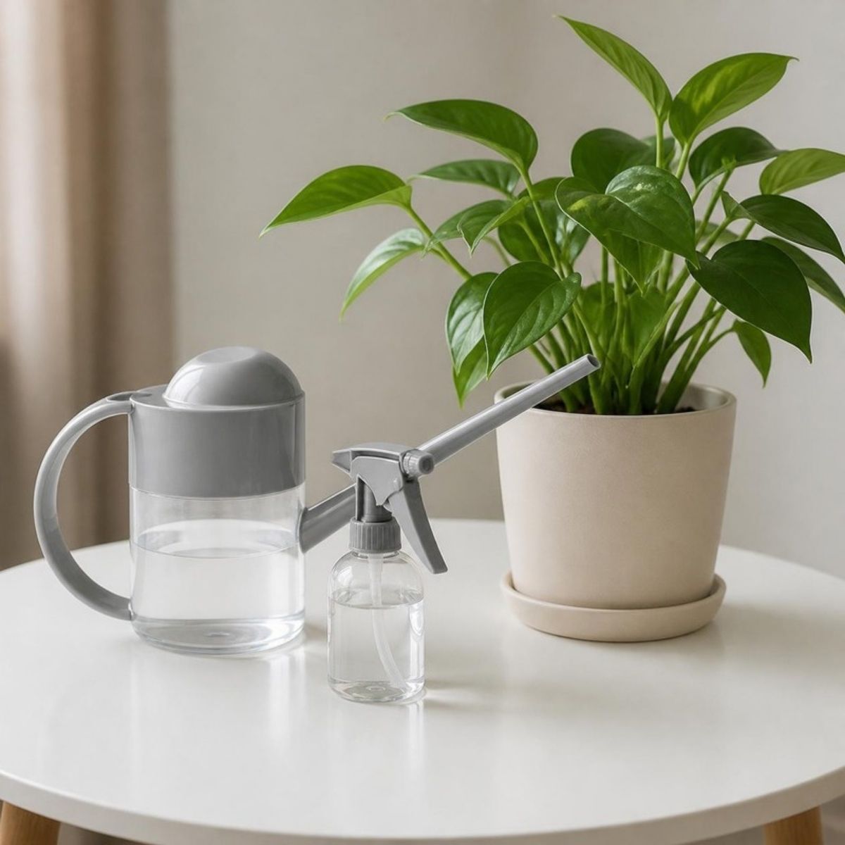 Clear watering can with a gray lid and long spout, a spray bottle and a potted plant