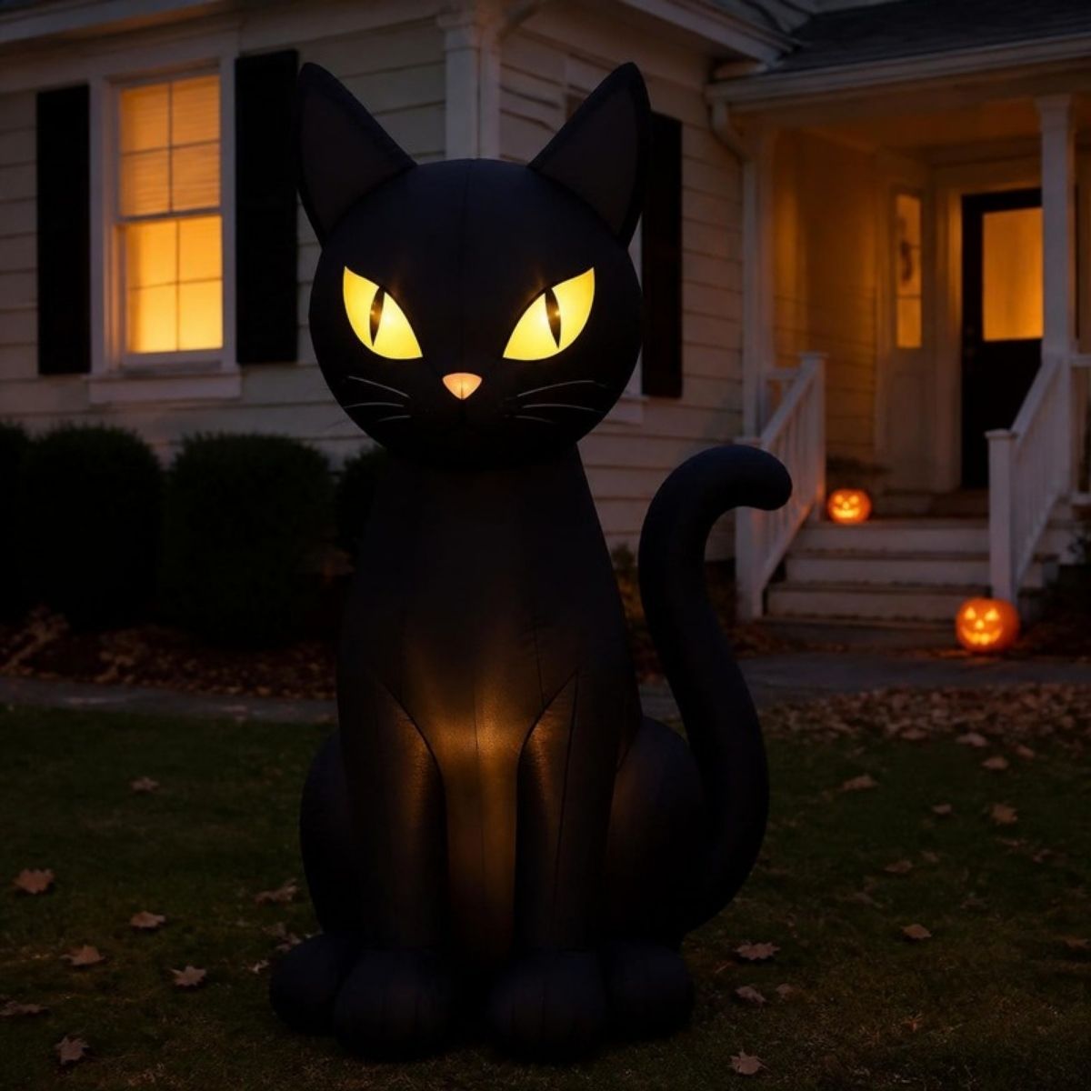 Giant inflatable black cat with glowing yellow eyes on a front lawn