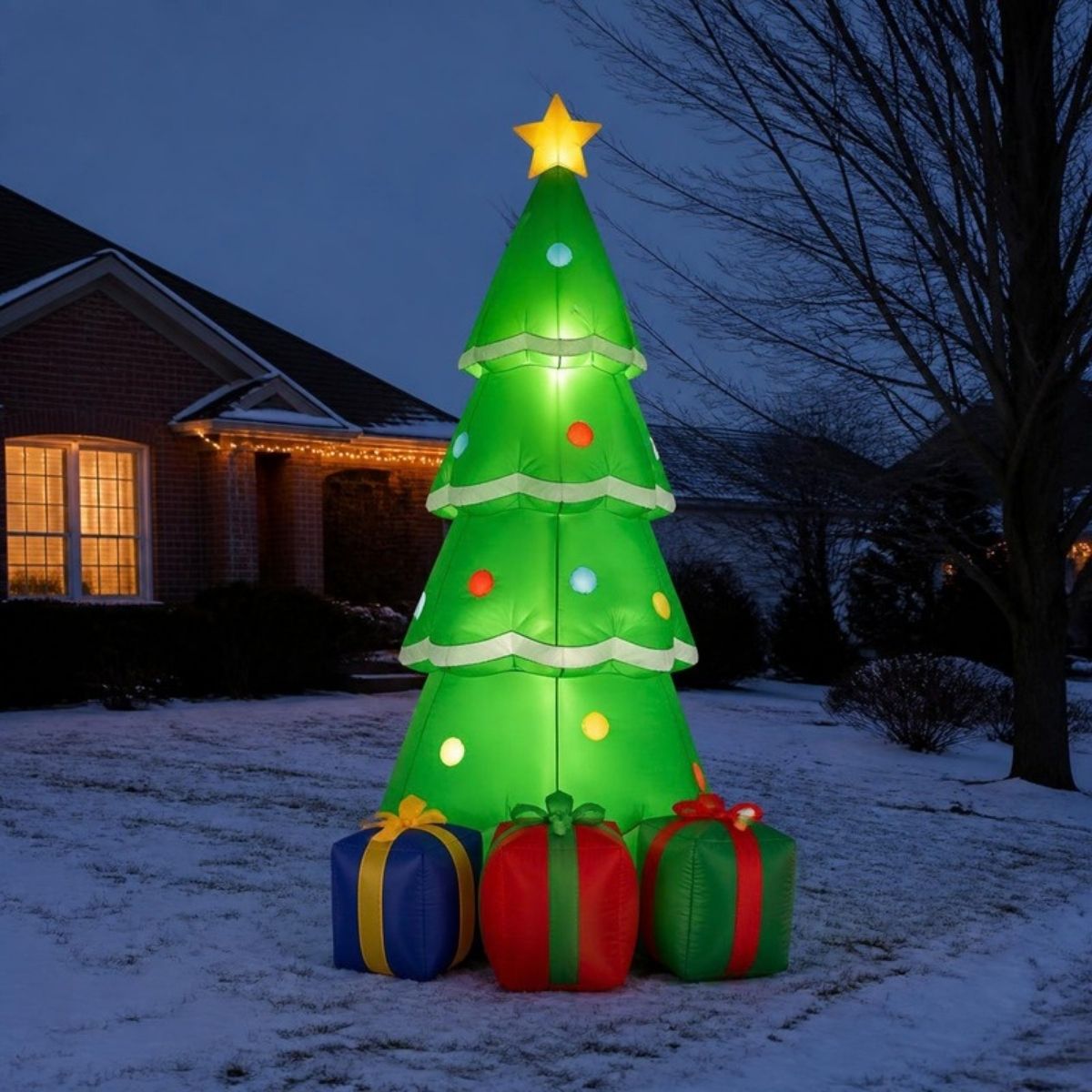 Lit inflatable Christmas tree with a star and three gift boxes on a snowy lawn