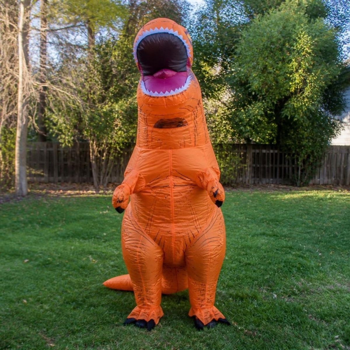 Orange inflatable T-Rex costume