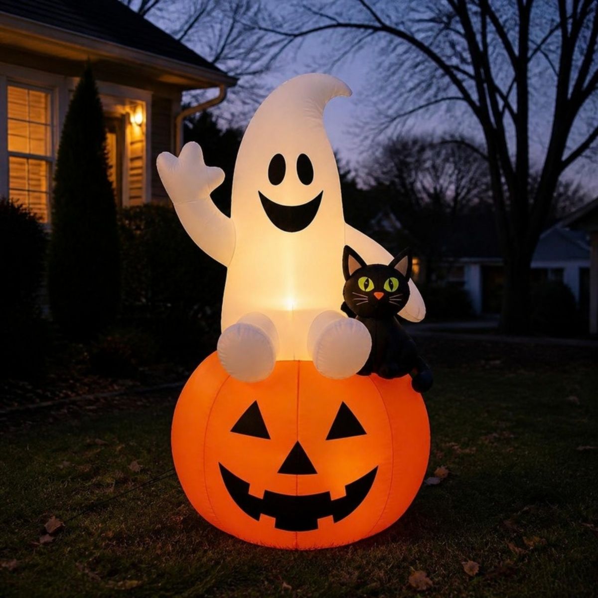 Lighted inflatable ghost sitting on a jack o' lantern with a black cat