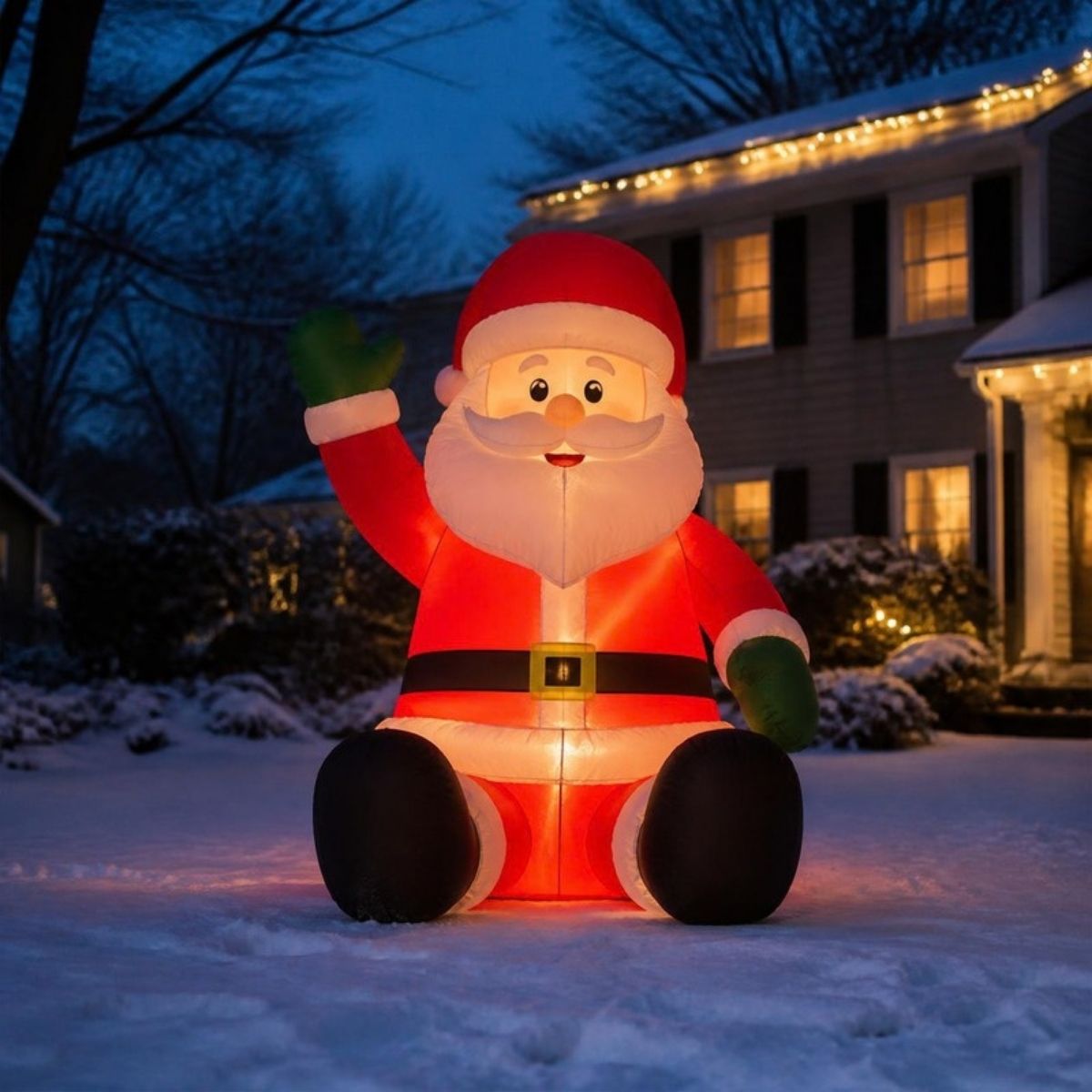 Lit inflatable sitting Santa Claus waving on a snowy front yard