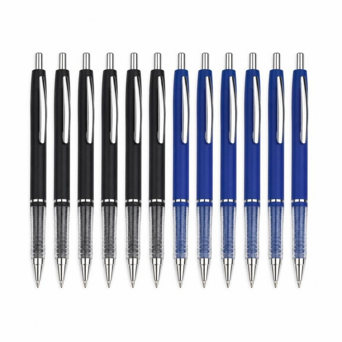 Twelve retractable ballpoint pens, six with black barrels and six with blue