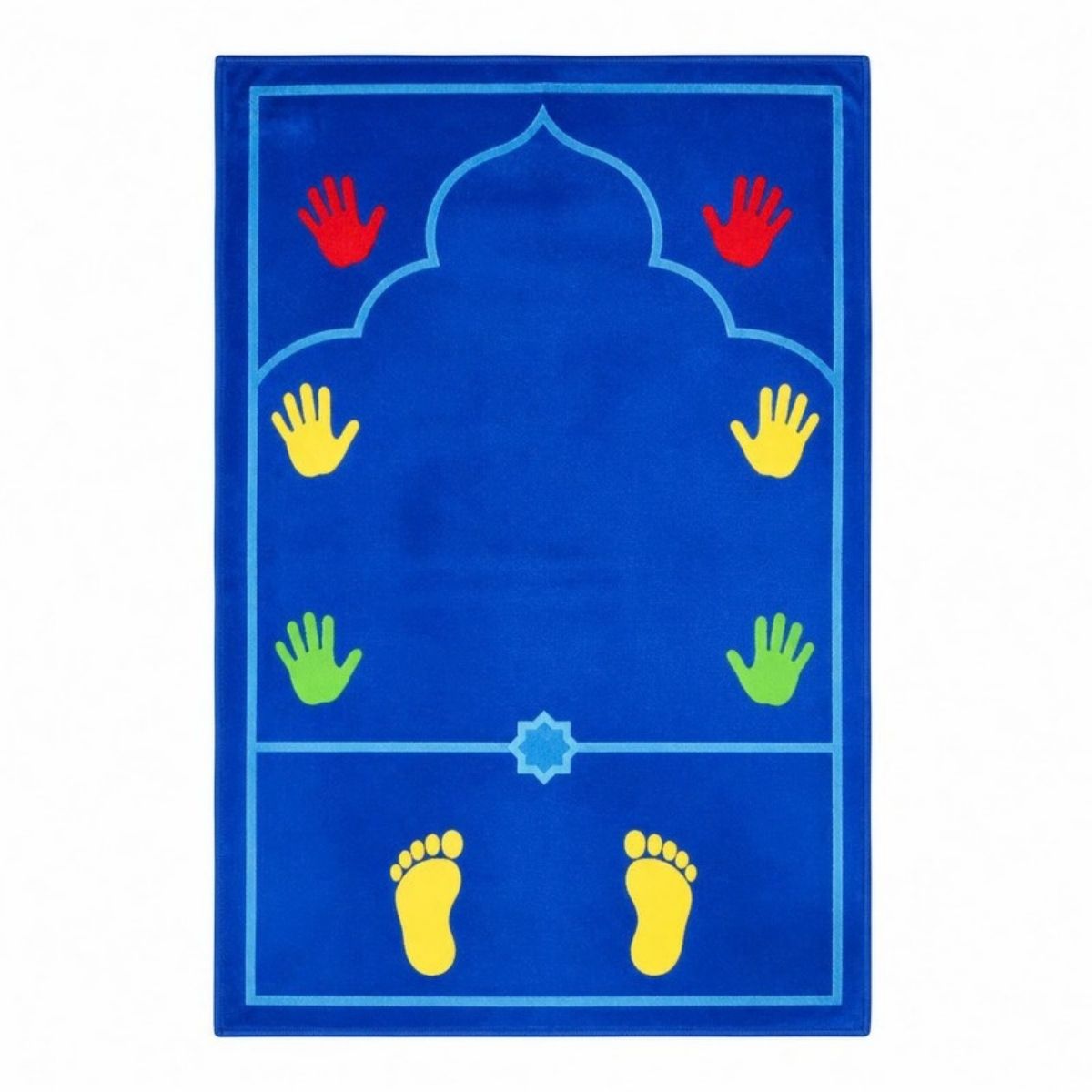 Bright blue kids prayer mat with colorful hand and foot markers