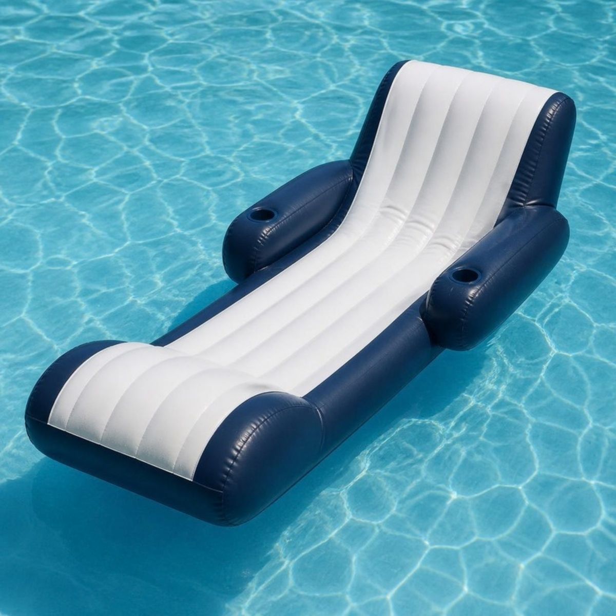 Navy blue and white inflatable reclining pool lounger with cup holders, floating in a pool