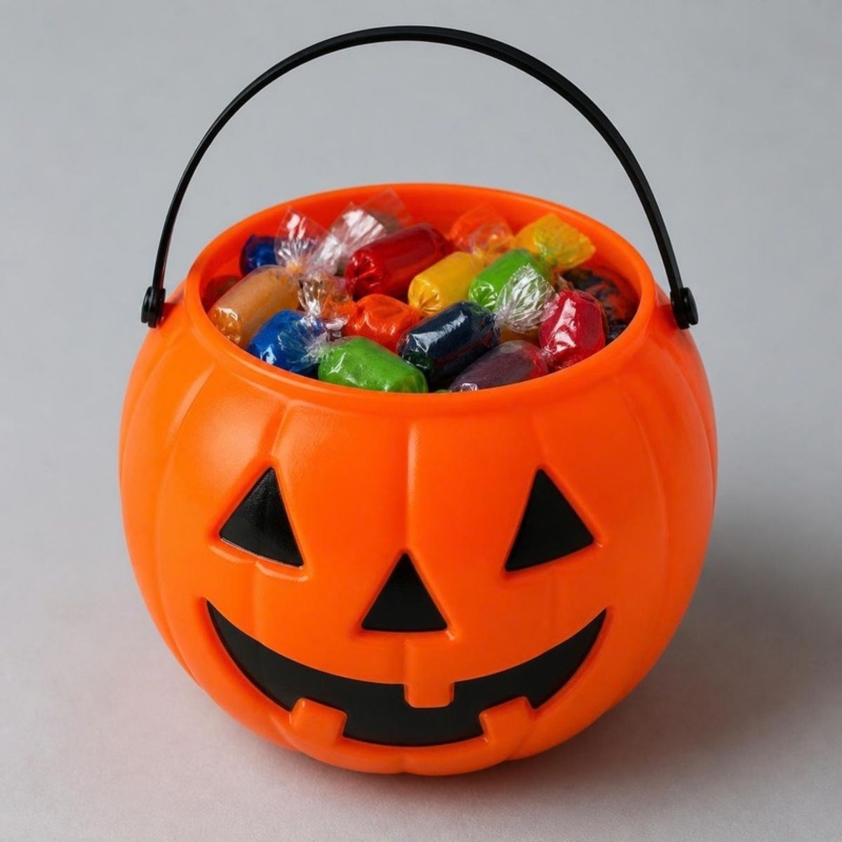 Orange jack o' lantern candy bucket filled with wrapped candy
