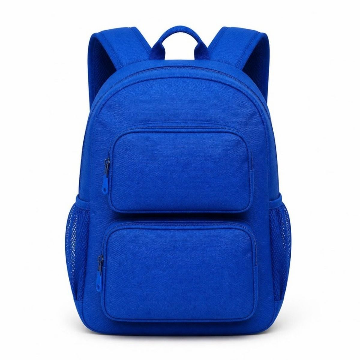 Bright blue backpack with two front zip pockets and mesh side pockets