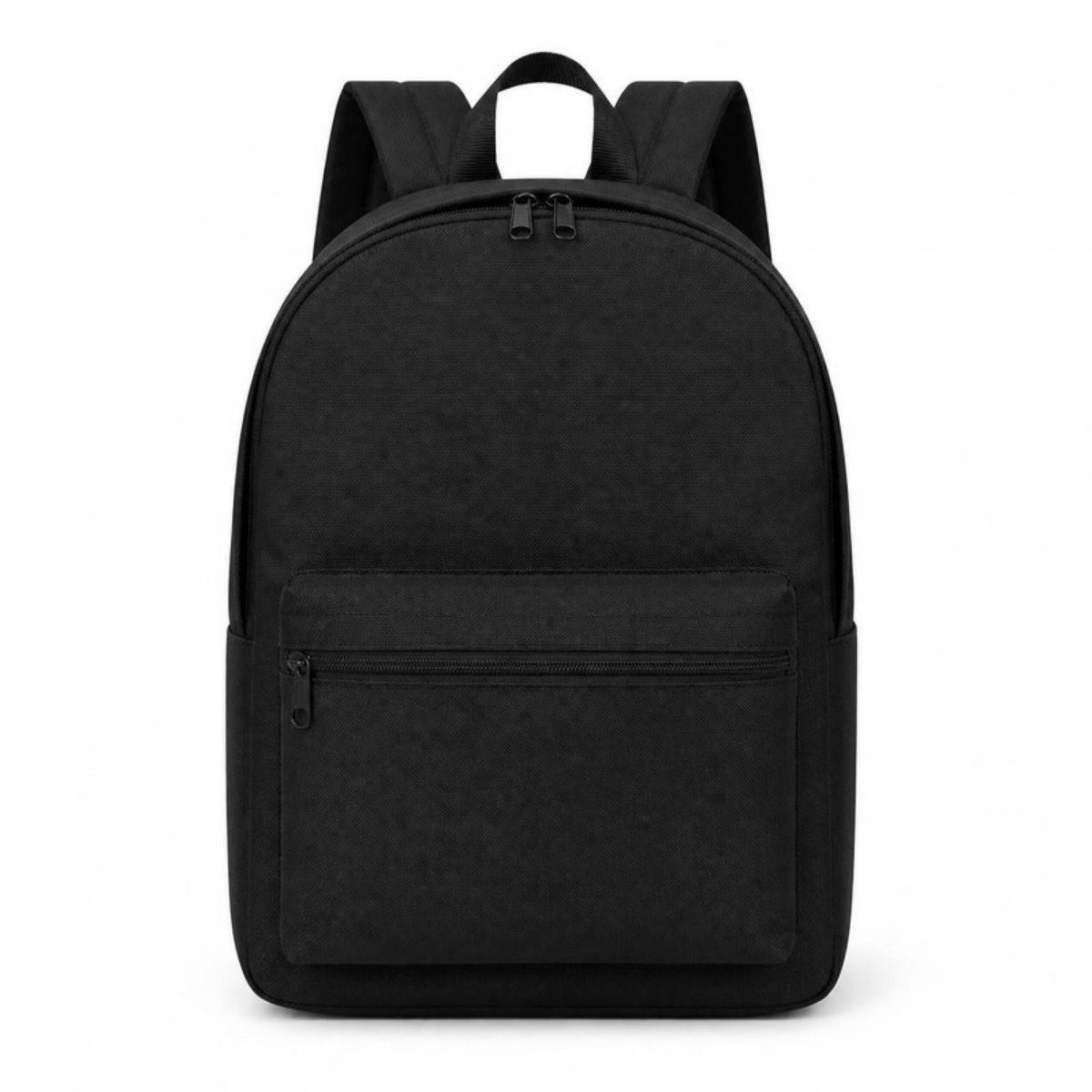 Black backpack with a front zip pocket