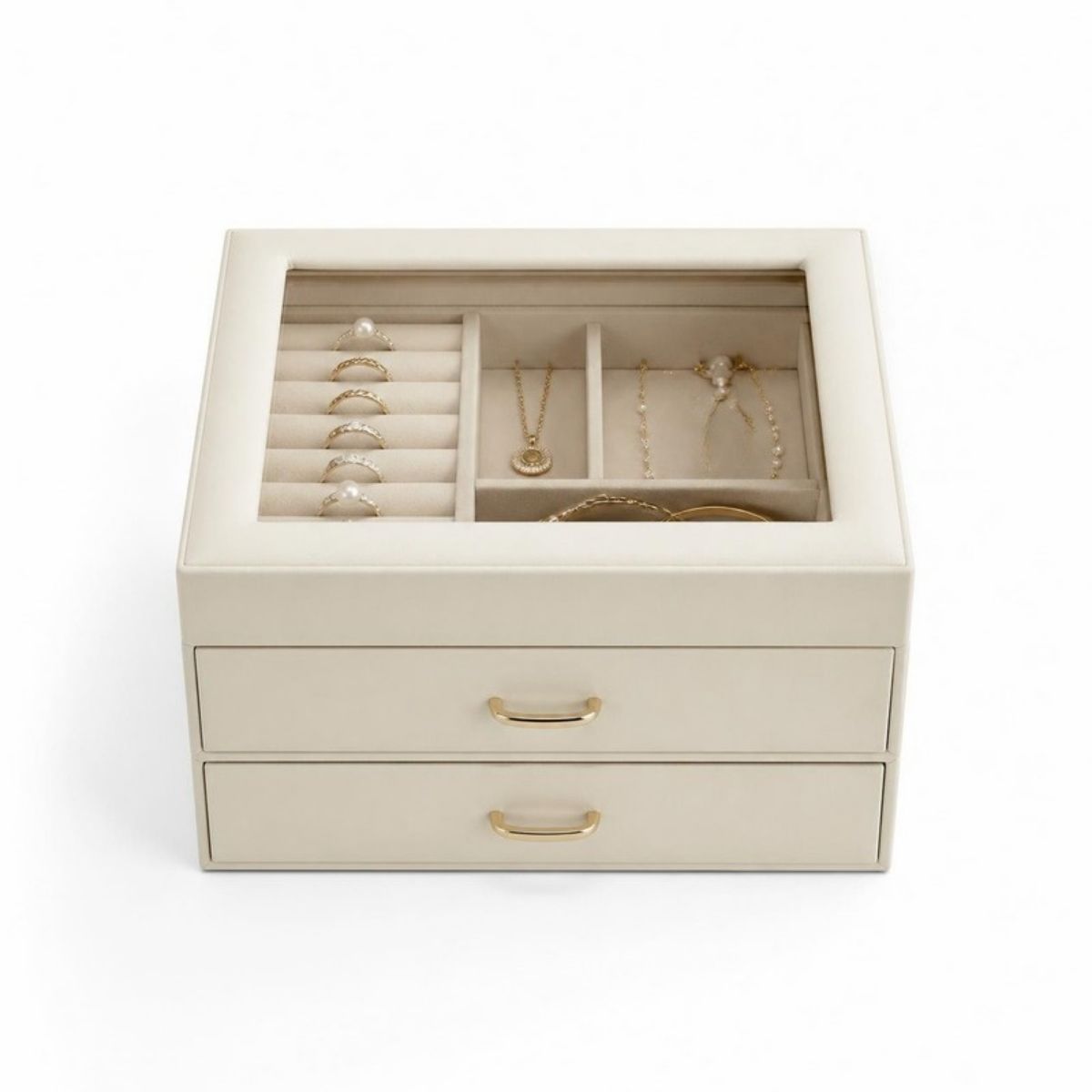 Cream jewelry box with a glass lid, two drawers and gold handles