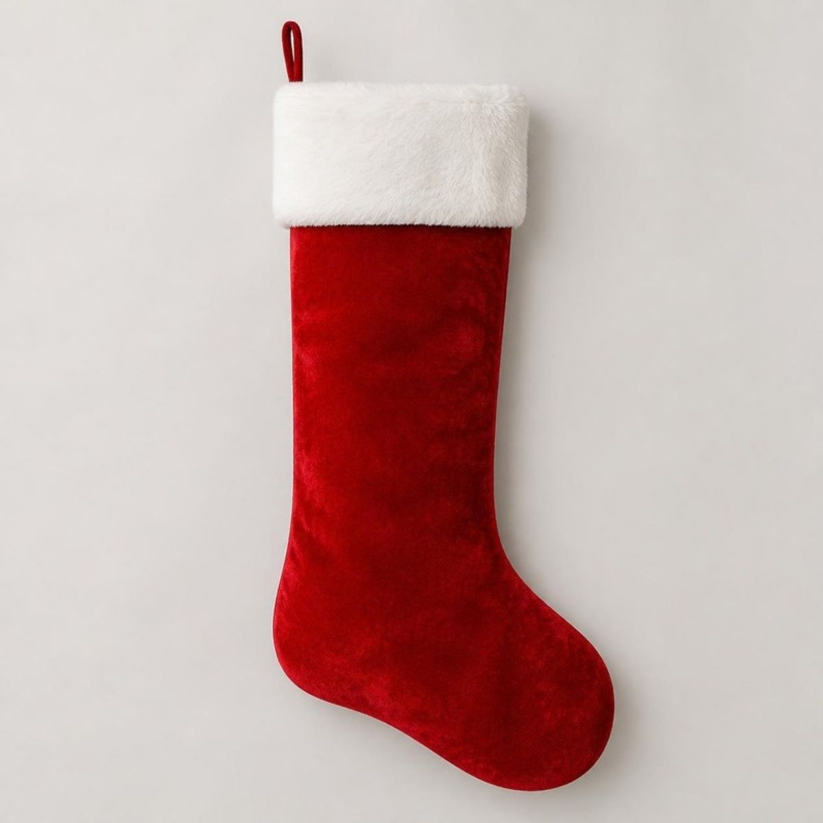 Large red velvet Christmas stocking with a white faux fur cuff