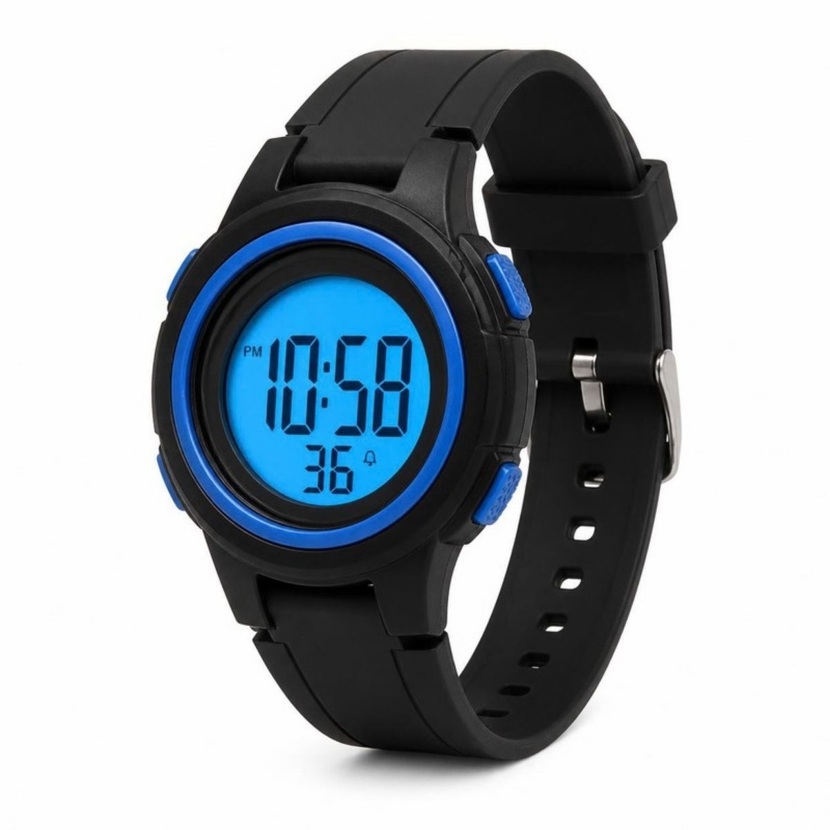 Black kids digital sport watch with blue trim and a lit blue screen