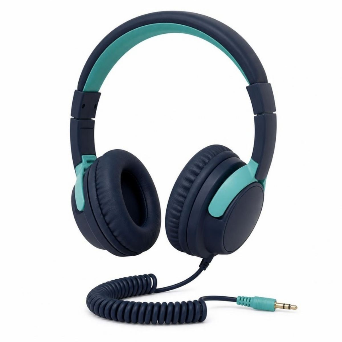 Navy and teal kids headphones with a coiled cord