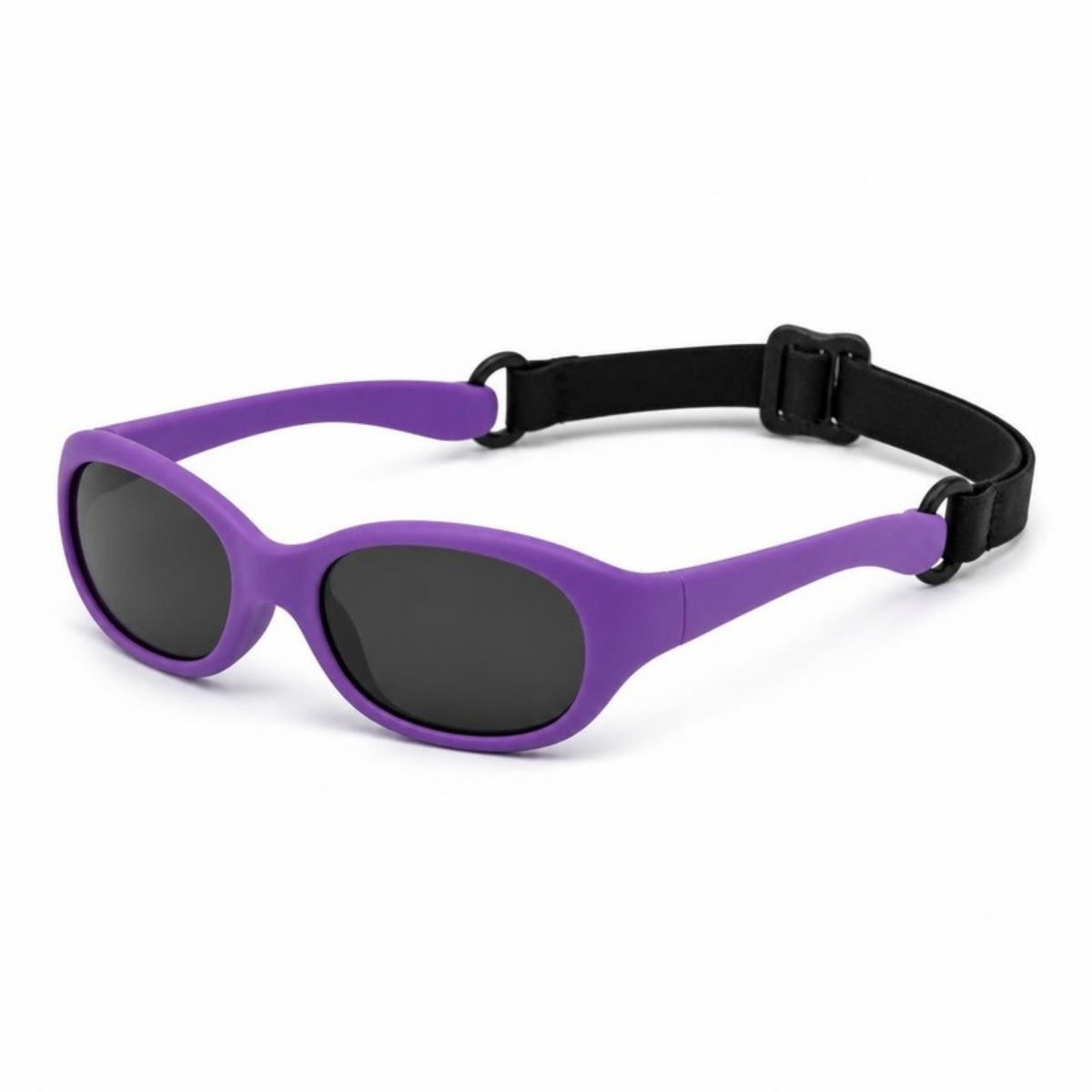 Purple kids sunglasses with a black strap