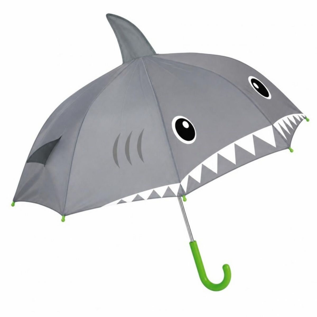 Gray shark kids umbrella with a fin, teeth and a green handle