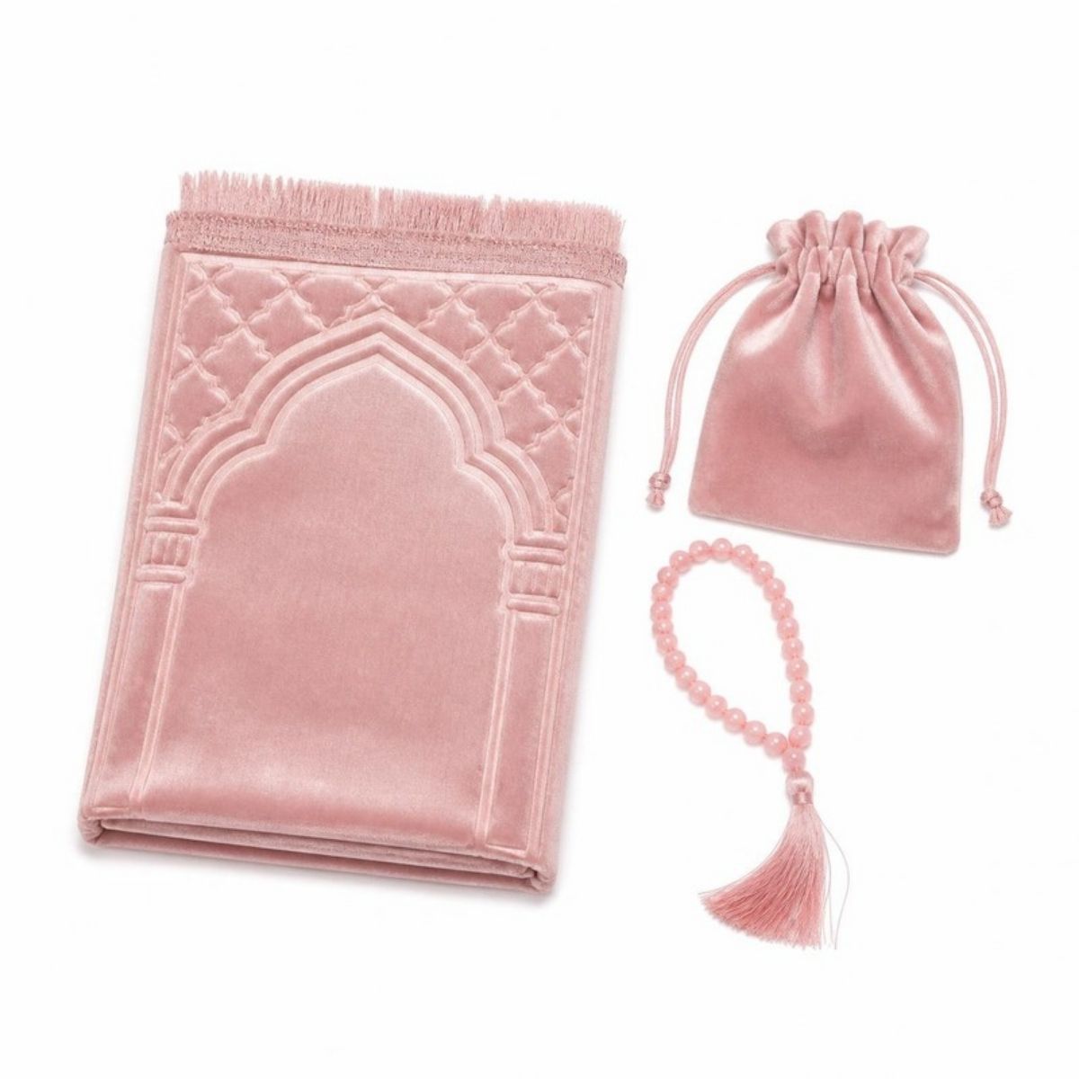 Light pink prayer rug with prayer beads and a pink bag