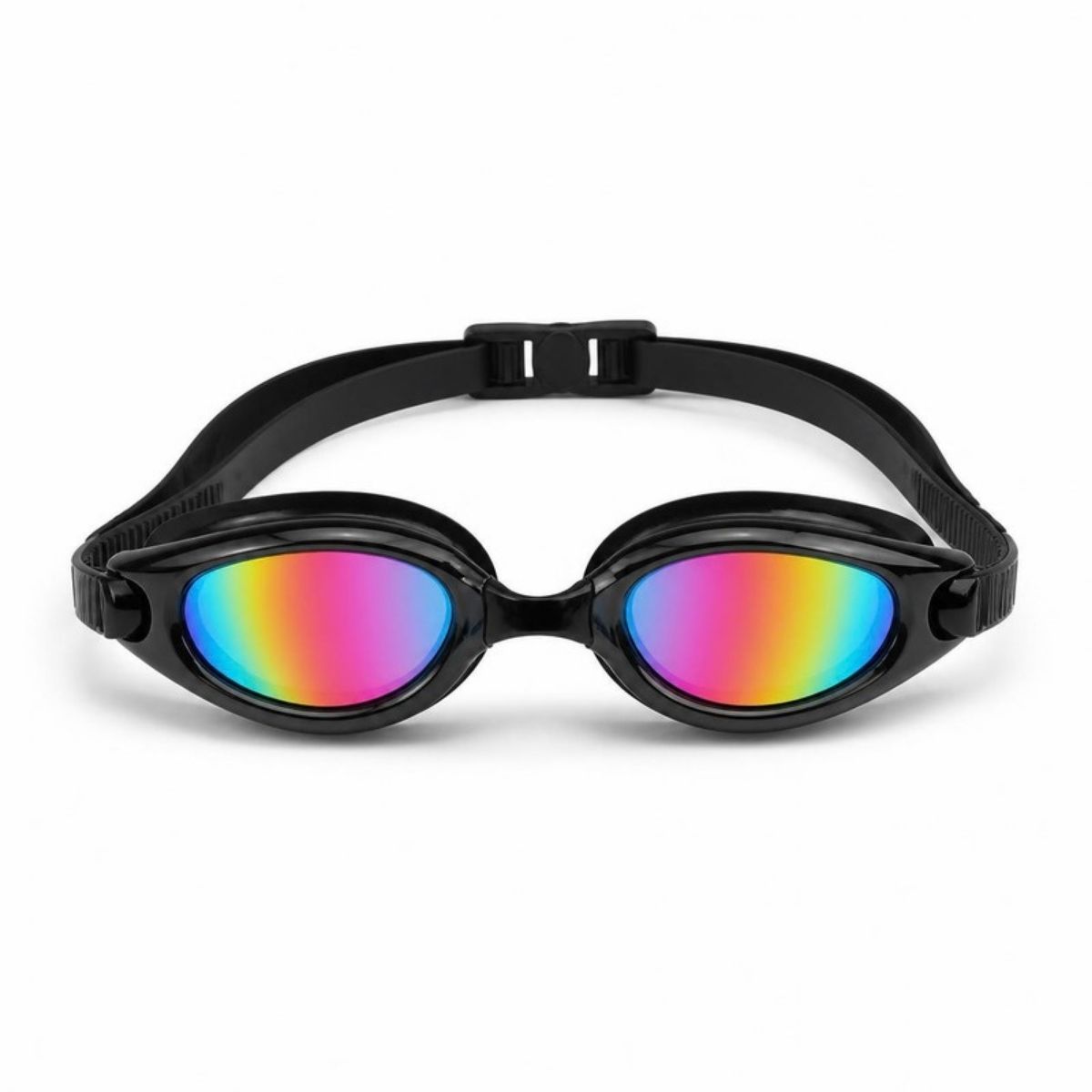 Black swim goggles with rainbow mirrored lenses