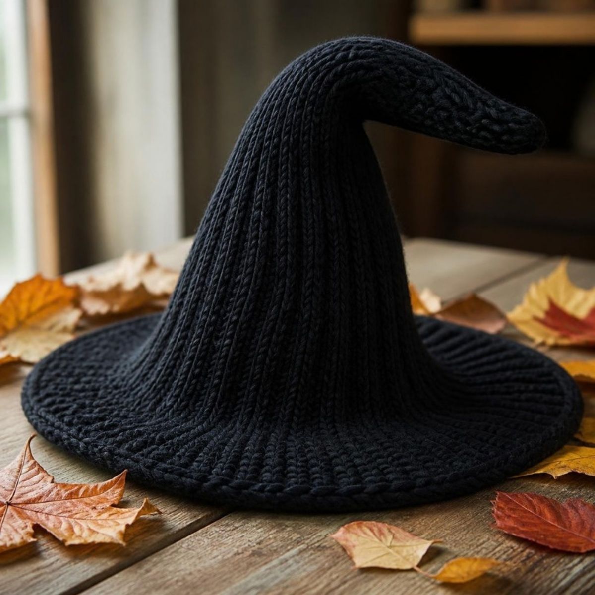 Black knitted witch hat with a bent tip