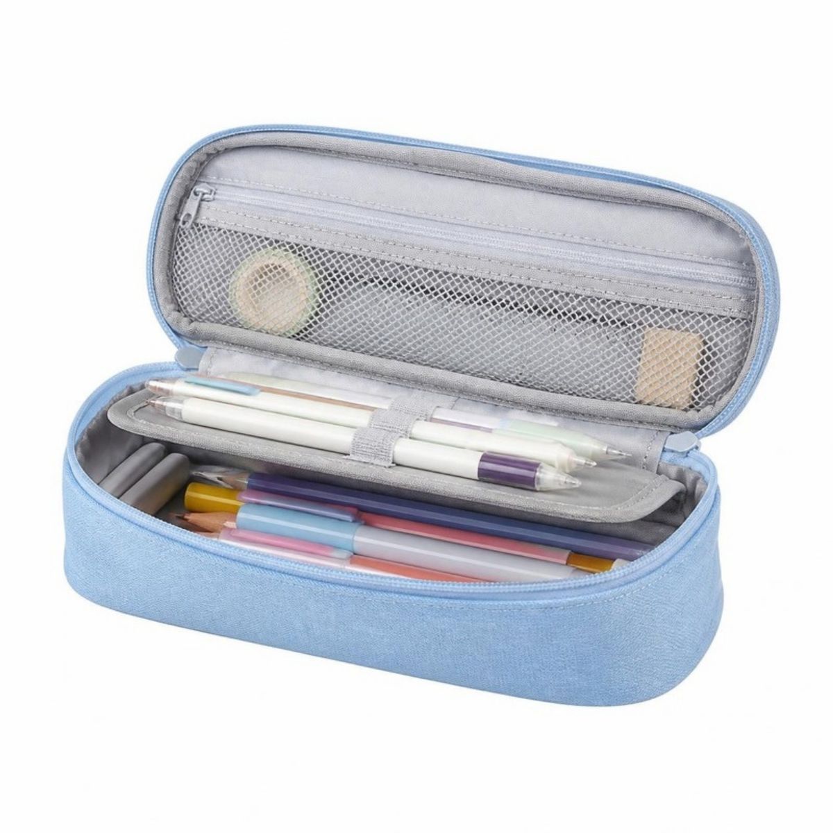 Light blue pencil case open to show pens, pencils and a mesh pocket