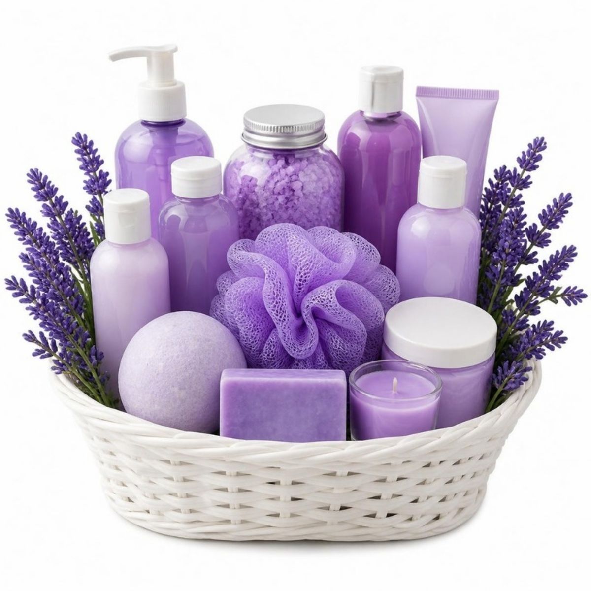 White basket of lavender bath products with purple flowers and a bath puff