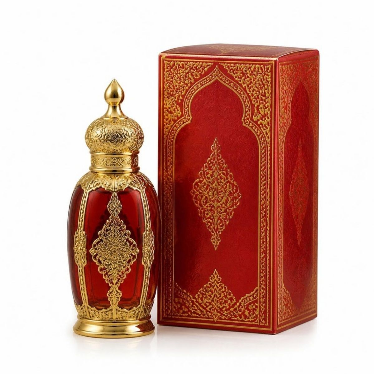 Ornate red and gold perfume oil bottle with a red box