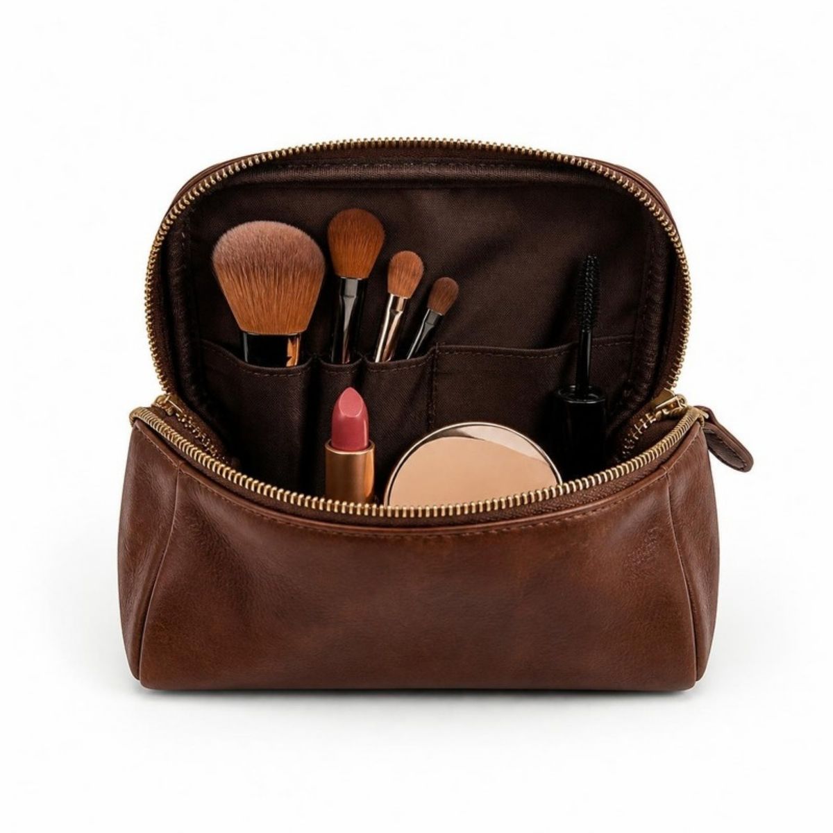 Brown leather zip makeup bag open to show makeup inside