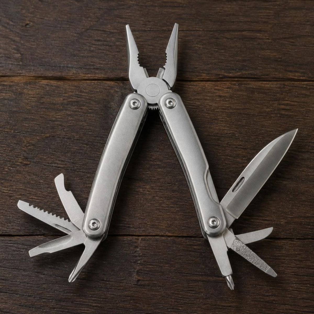 Silver stainless steel multi-tool opened to show pliers and blades