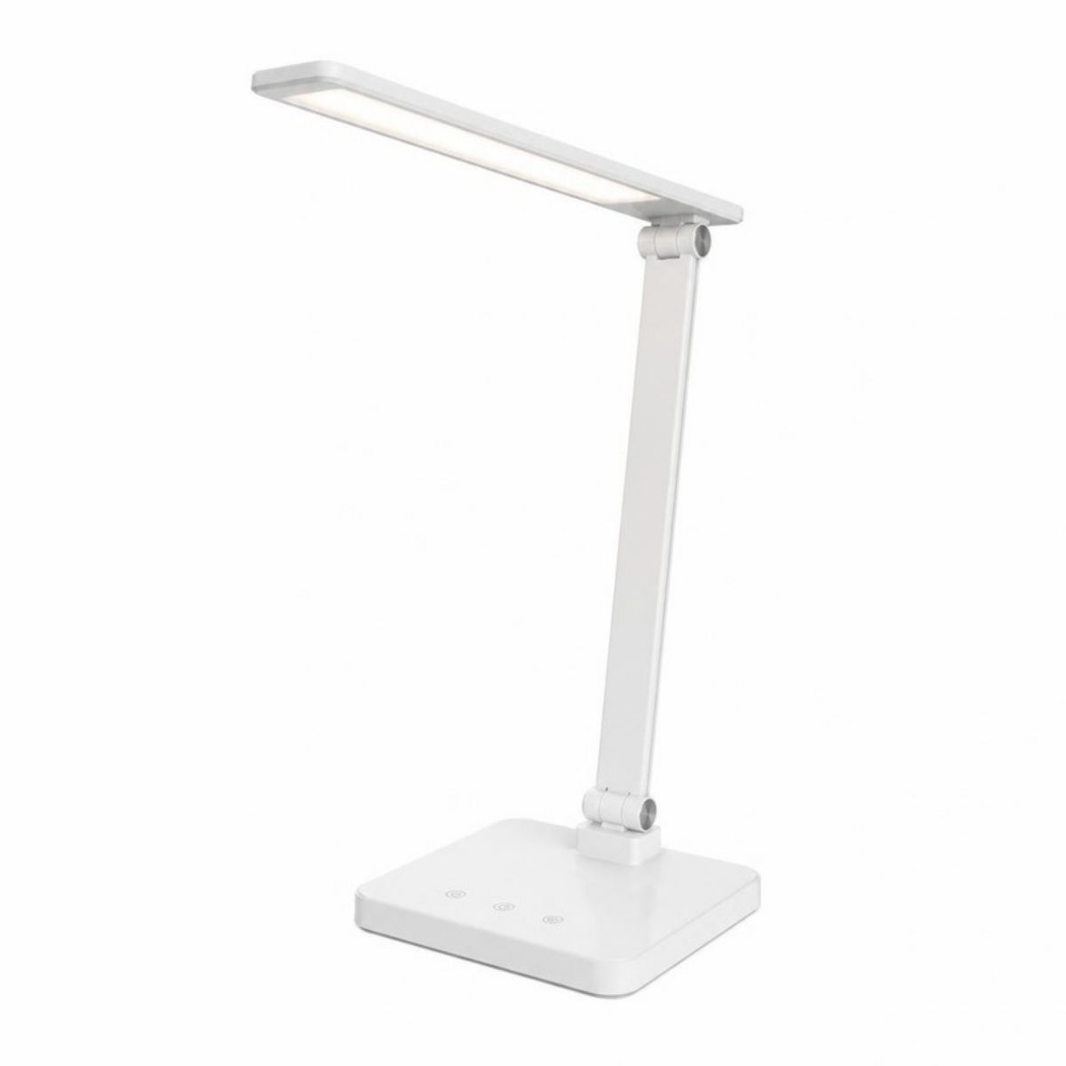 Slim white LED desk lamp with a folding arm and square base