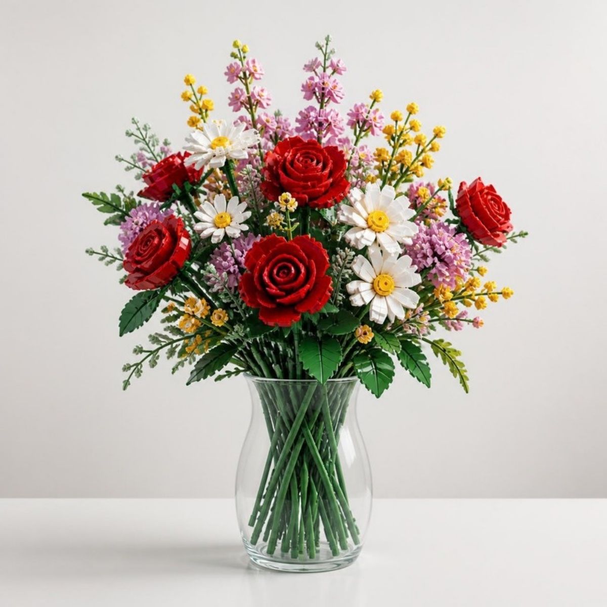Building-block flower bouquet of roses, daisies and wildflowers in a glass vase