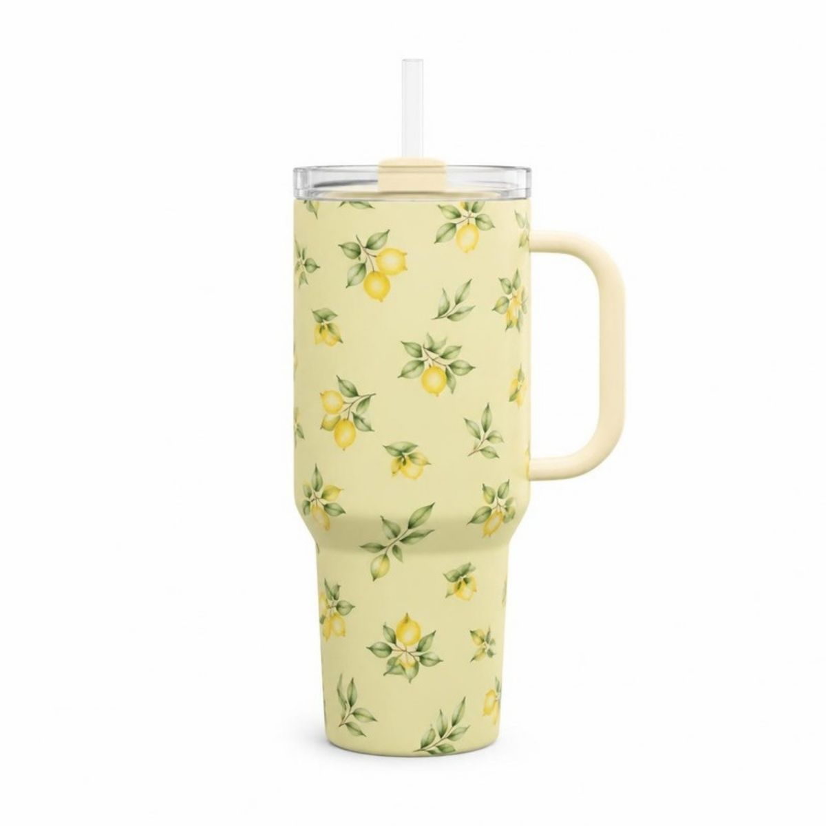 Pale yellow tumbler with a handle and straw, covered in lemons and leaves