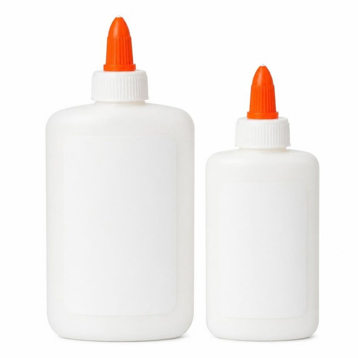 Two white bottles of school glue with orange caps