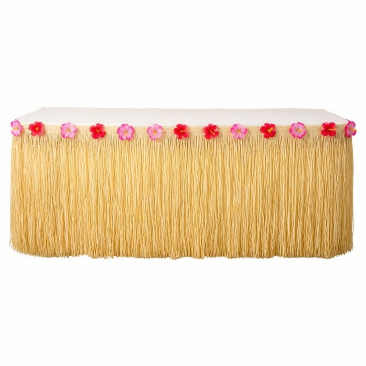 Straw grass luau table skirt with pink and red hibiscus flowers along the top
