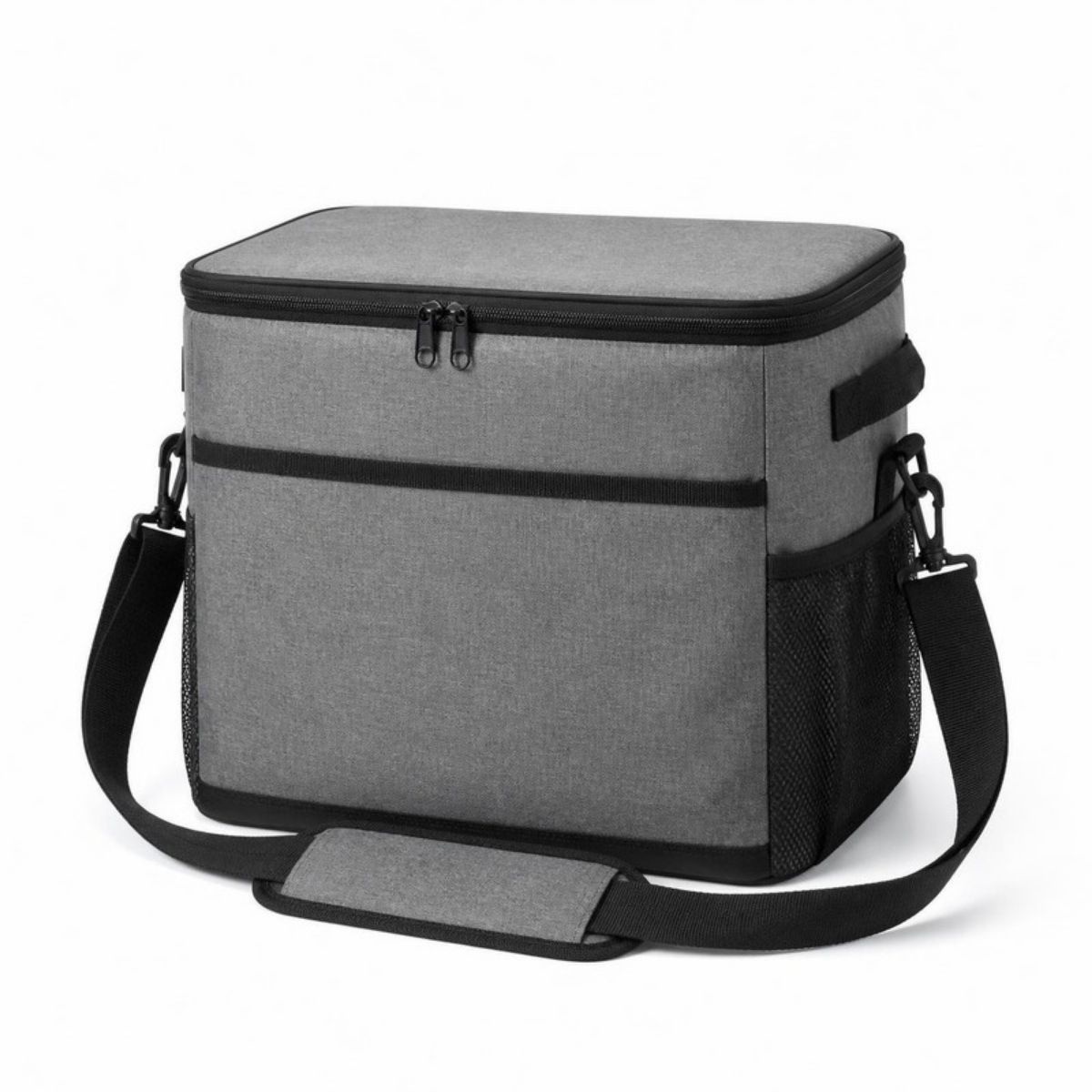 Gray soft cooler bag with black trim and a shoulder strap