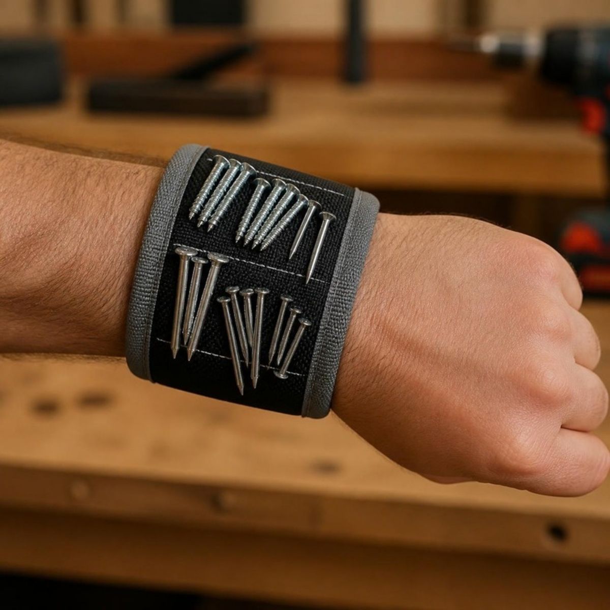 Black and gray magnetic wristband on a wrist, holding screws and nails