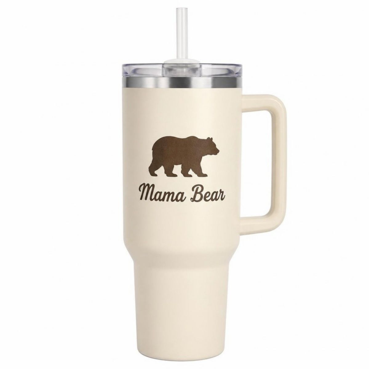 Cream 40 oz tumbler with a handle and a "Mama Bear" print