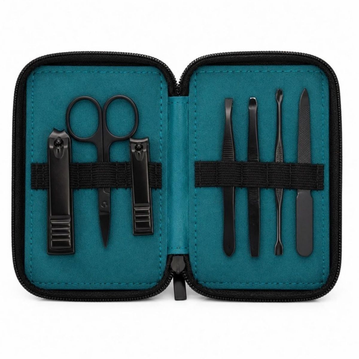 Black manicure tools in an open teal and black zip case