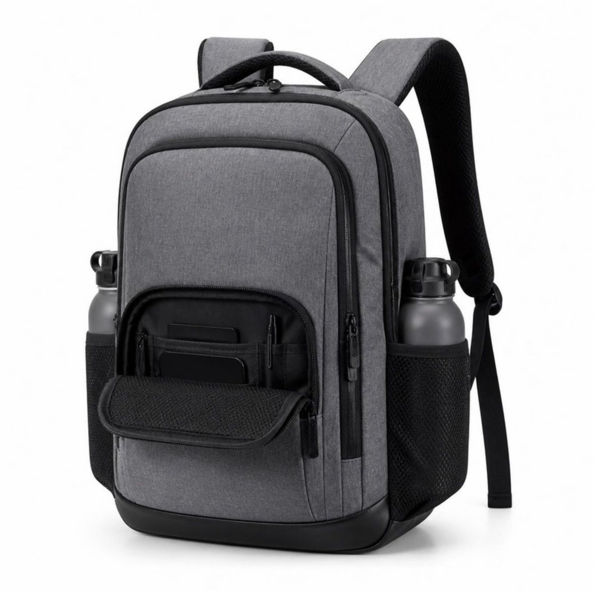 Gray laptop backpack with black trim, an open organizer pocket and water bottles in the side pockets