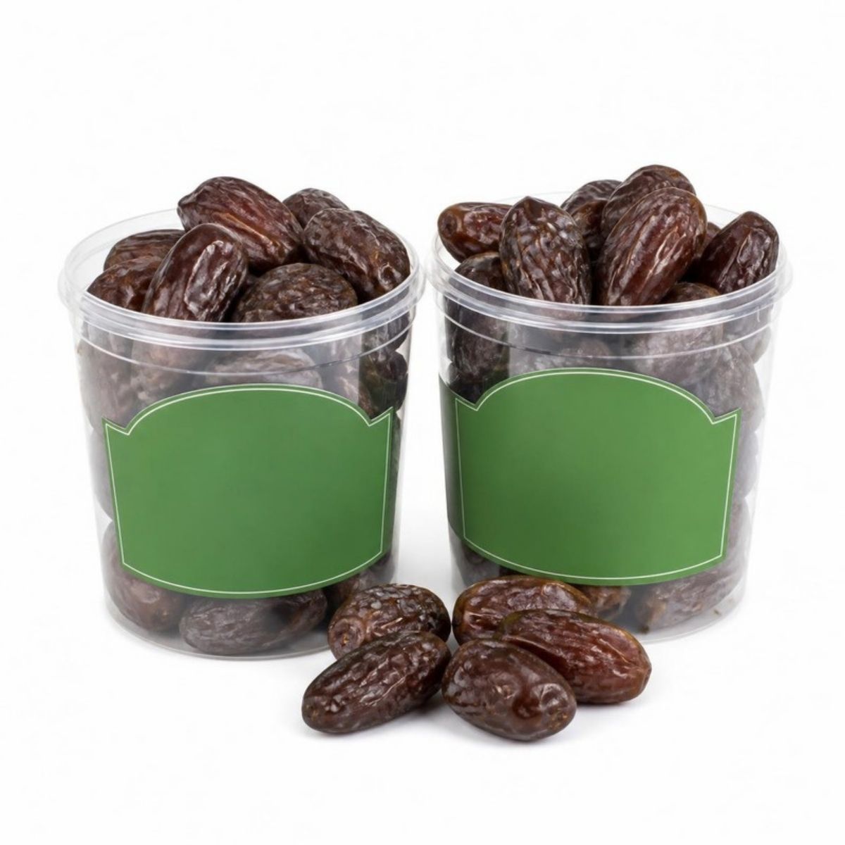 Two tubs of plump brown Medjool dates with green labels