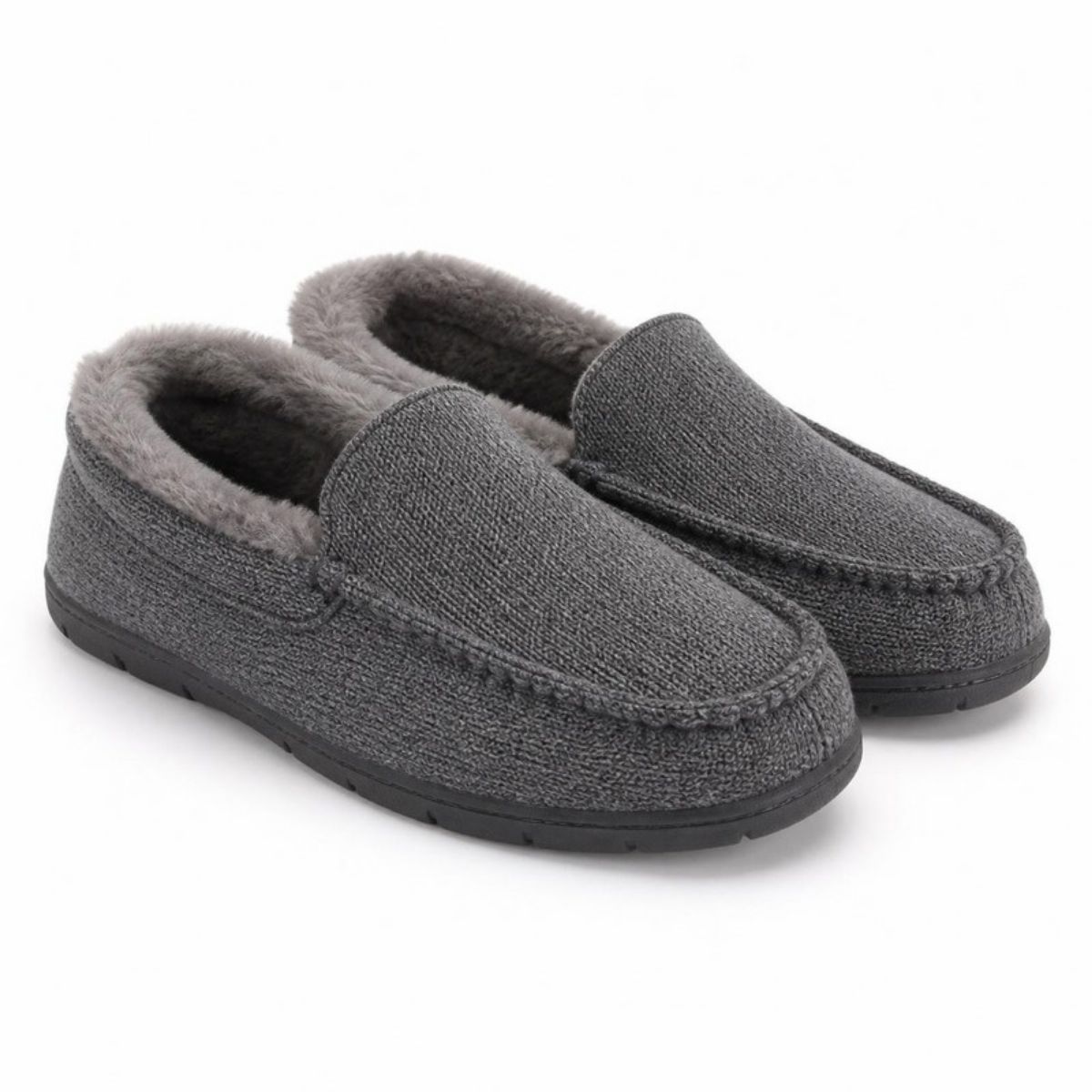 Pair of gray knit moccasin slippers with fleece lining