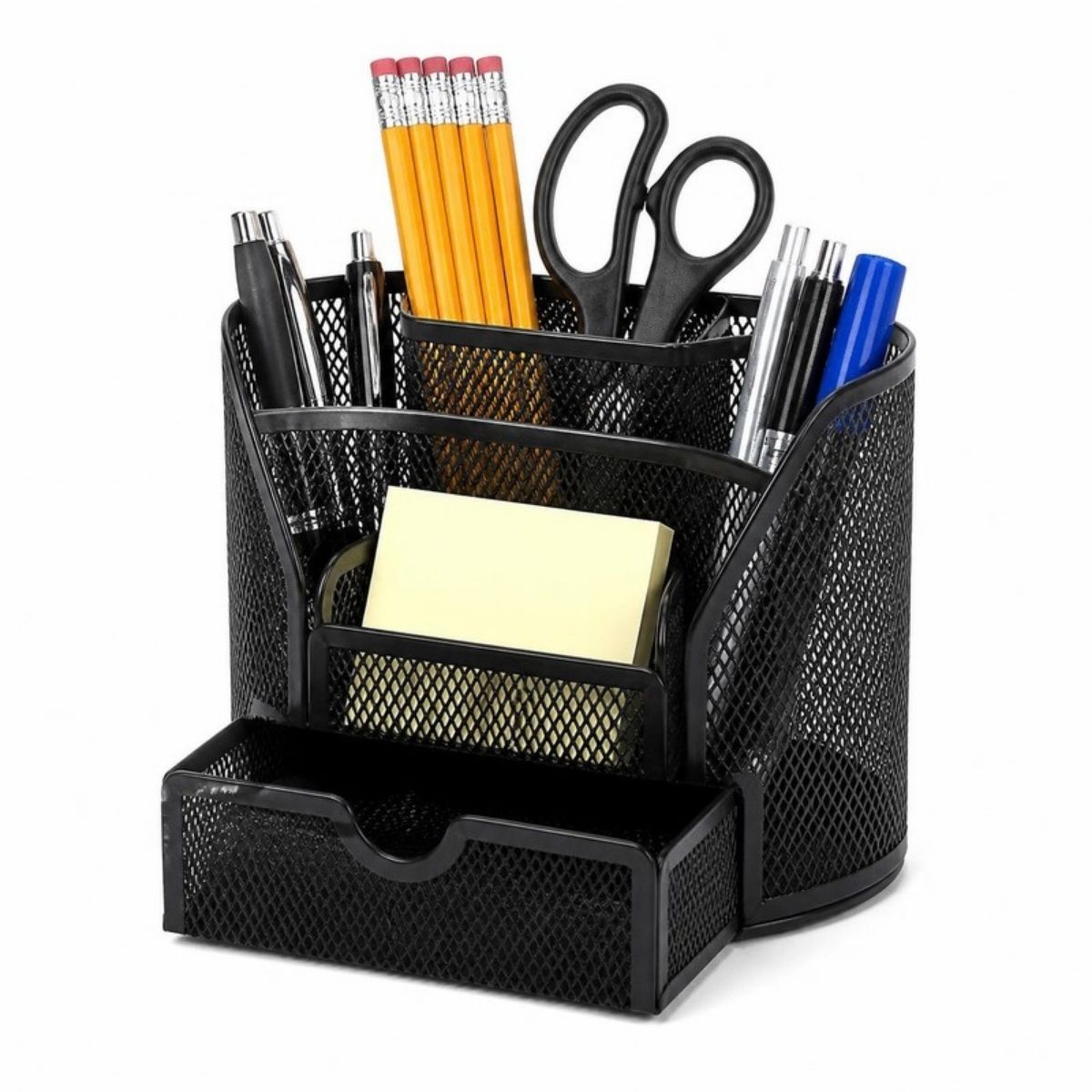 Black mesh desk organizer holding pencils, pens, scissors and sticky notes, with a drawer