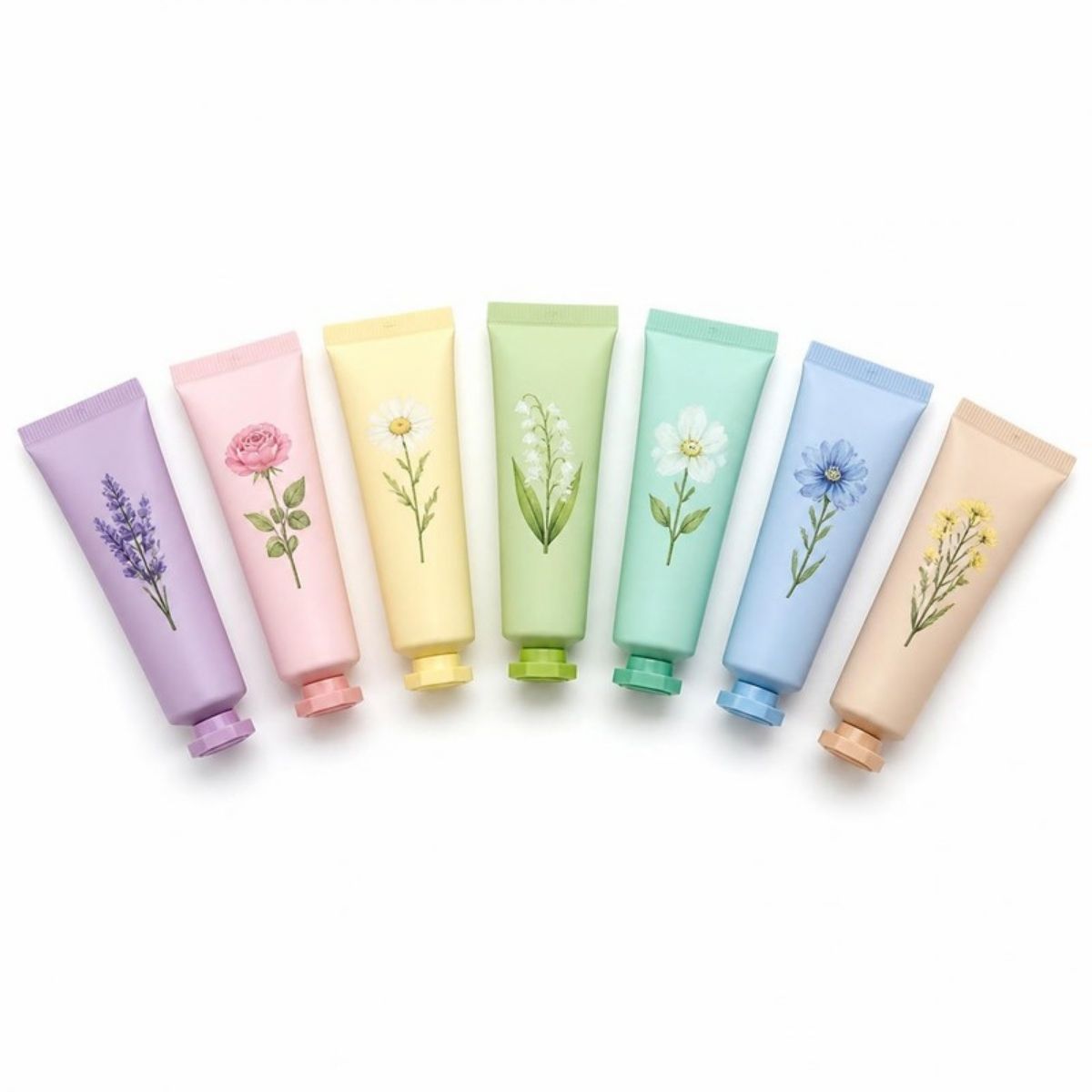 Seven colorful mini hand cream tubes with flower designs