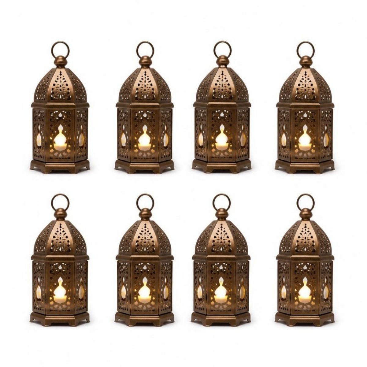 Eight small bronze lanterns with glowing LED tealights