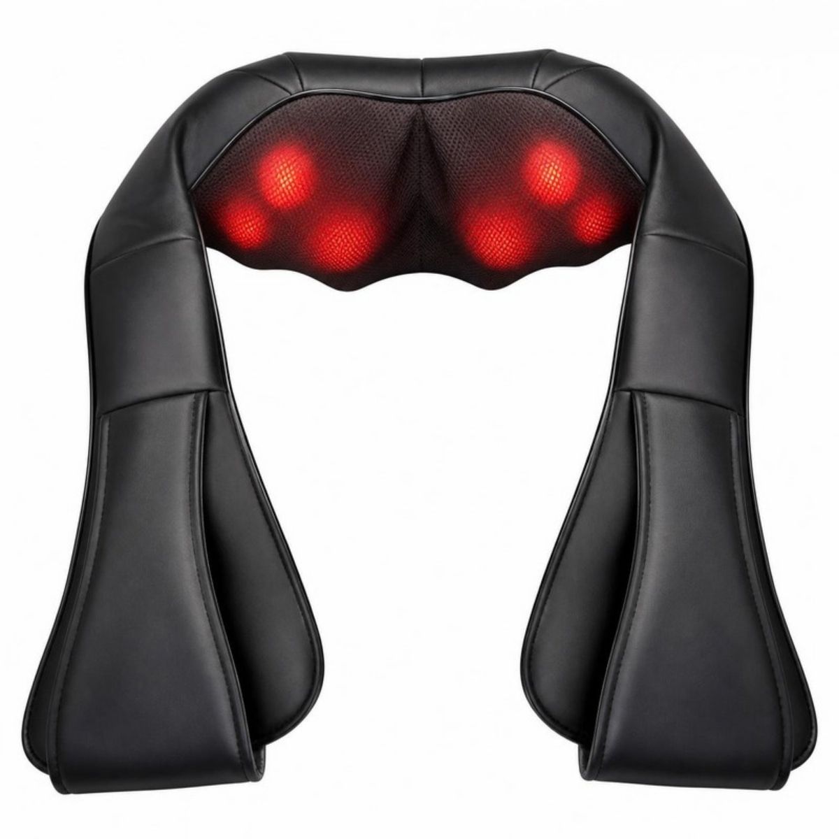 Black shiatsu neck massager with red glowing nodes