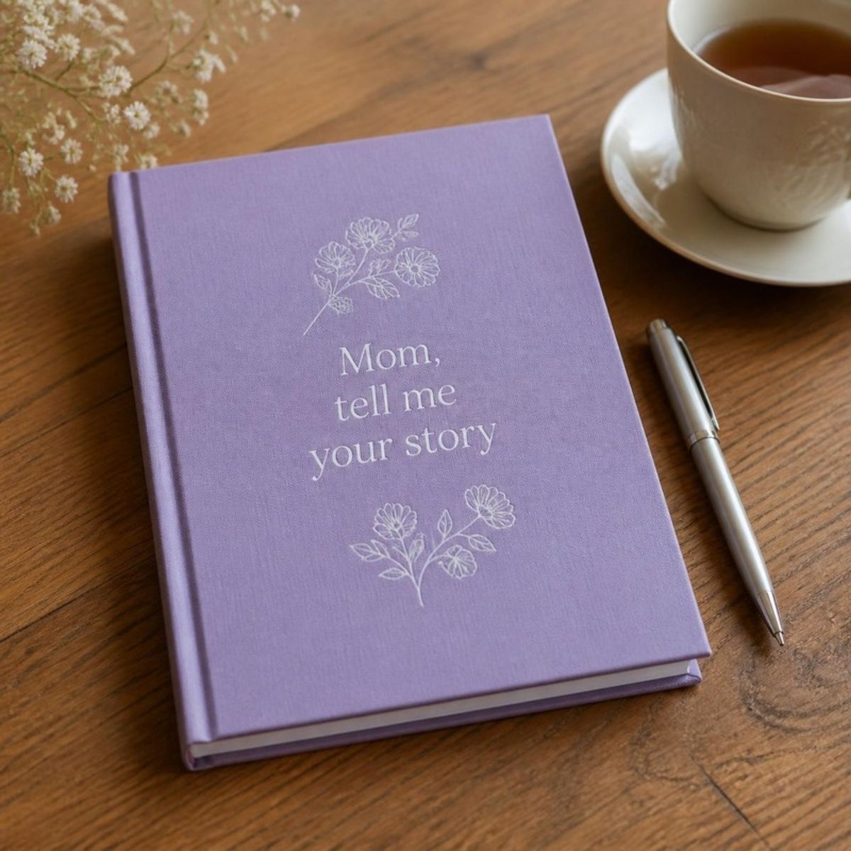 Soft purple journal with "Mom, tell me your story" on the cover