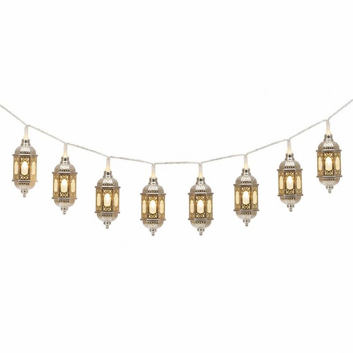 String of small silver Moroccan lantern lights glowing warm white