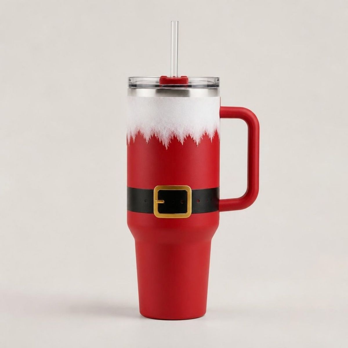 Red tumbler with a white fur trim, black belt and gold buckle, plus handle and straw